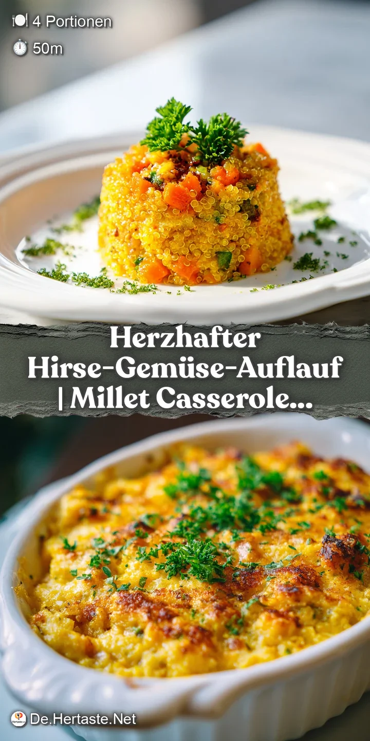 Close-up of a millet casserole showing the textural contrast between soft millet and roasted vegetables, glistening with o...