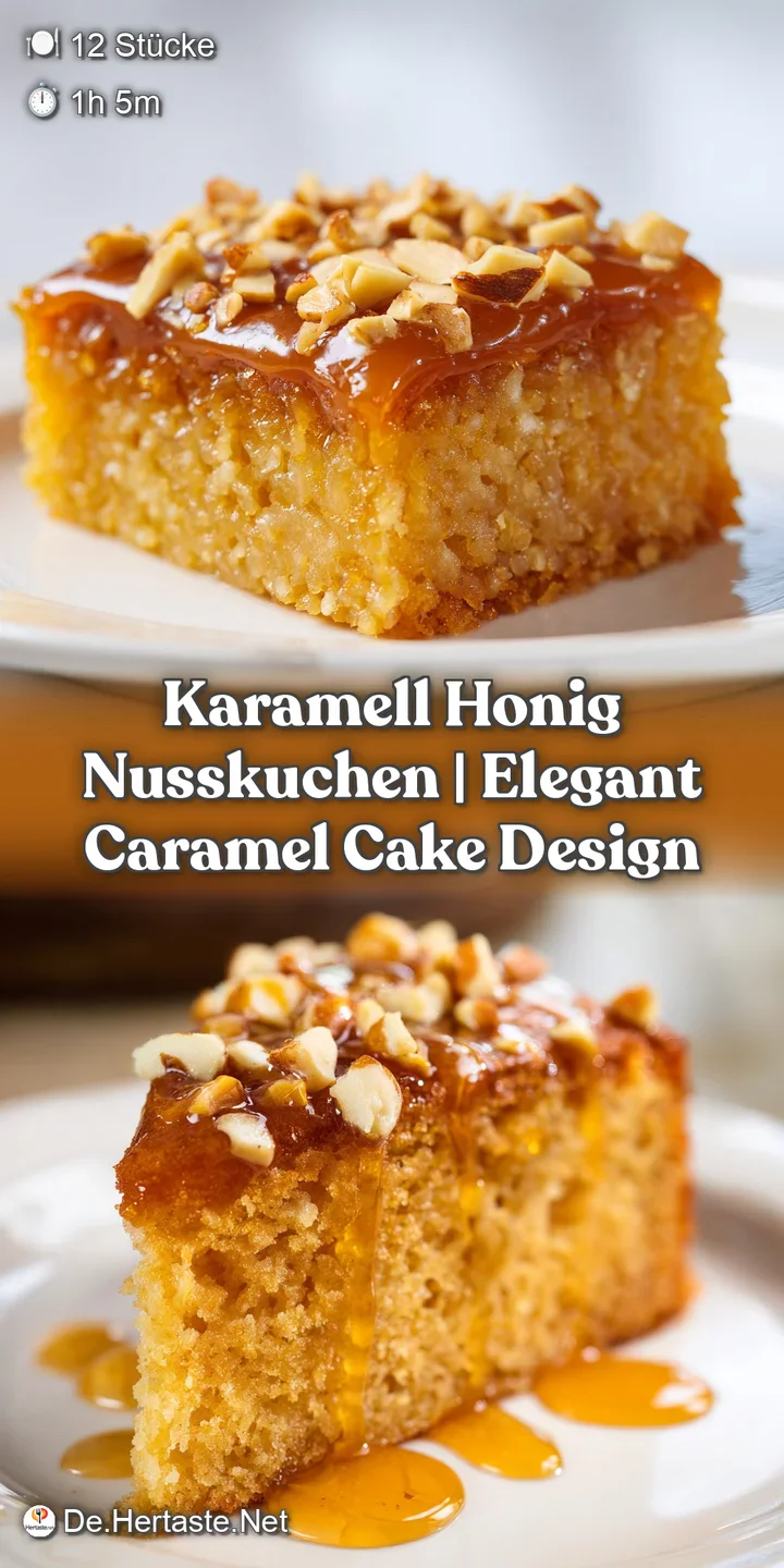 Nahaufnahme von klebrigem, goldfarbenem Karamell, das &uuml;ber die grobe Textur von ger&ouml;steten N&uuml;ssen und weichem Teig flie&szlig;t.