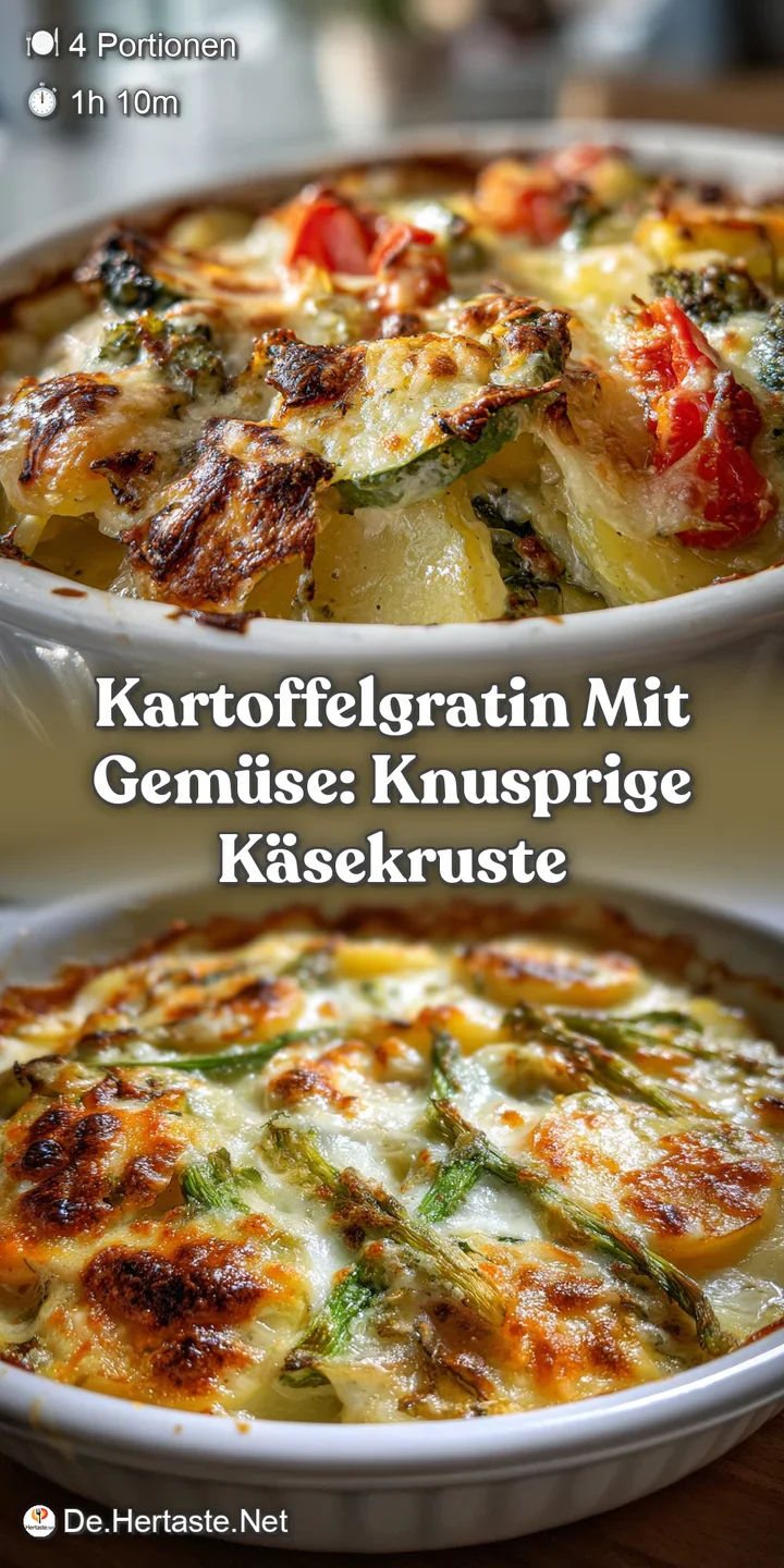 Close-up of a bubbly potato gratin, showing the creamy sauce, tender vegetables, and perfectly browned, crispy potato edge...