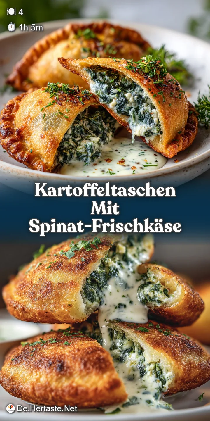 Close-up: A rustic potato dumpling showcasing its crispy, golden exterior and the vibrant green of the spinach and cheese ...