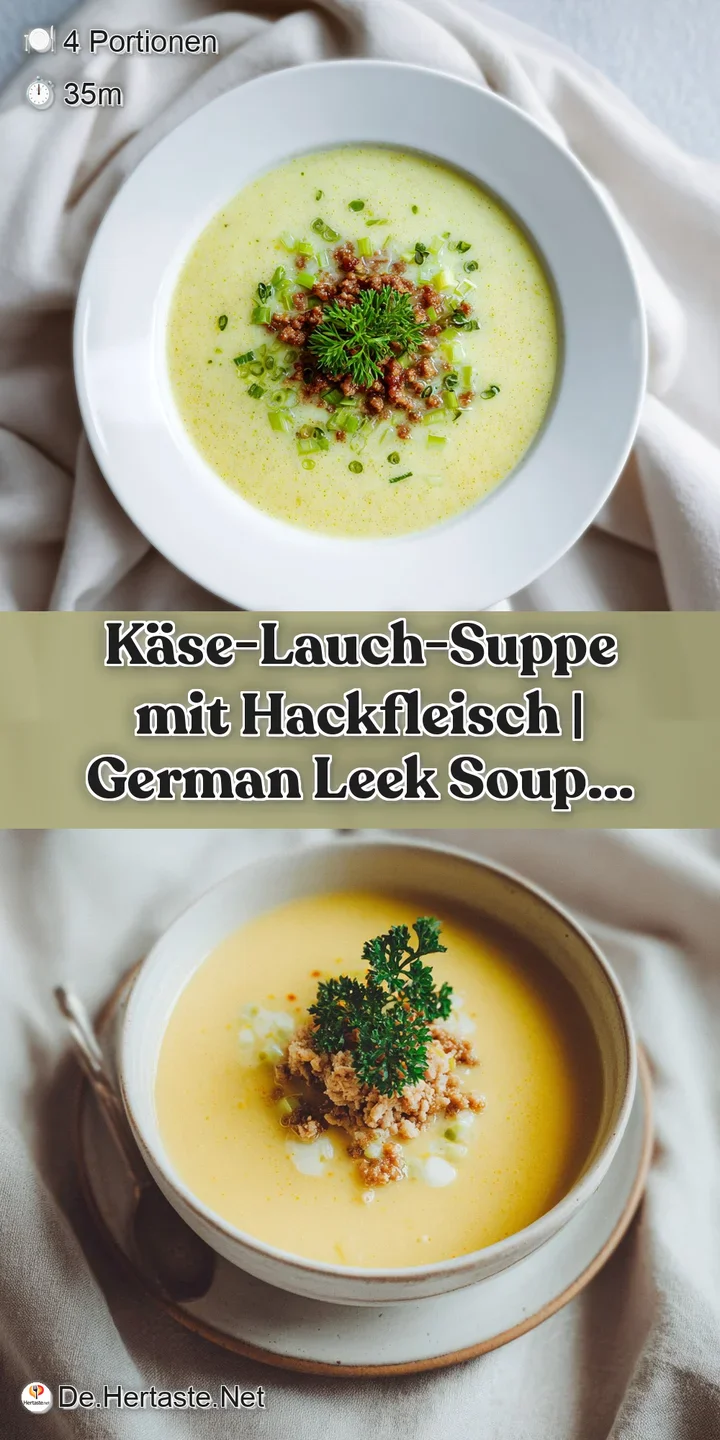 Close-up of creamy cheese and leek soup with flavorful browned ground beef. Hints of steam evoke warmth and comfort.