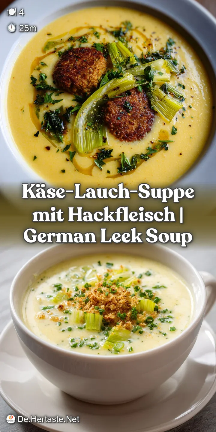 Close-up of steaming, creamy soup with melted cheese strands and sliced leeks. Hints of pepper flecks add depth. Warm and ...