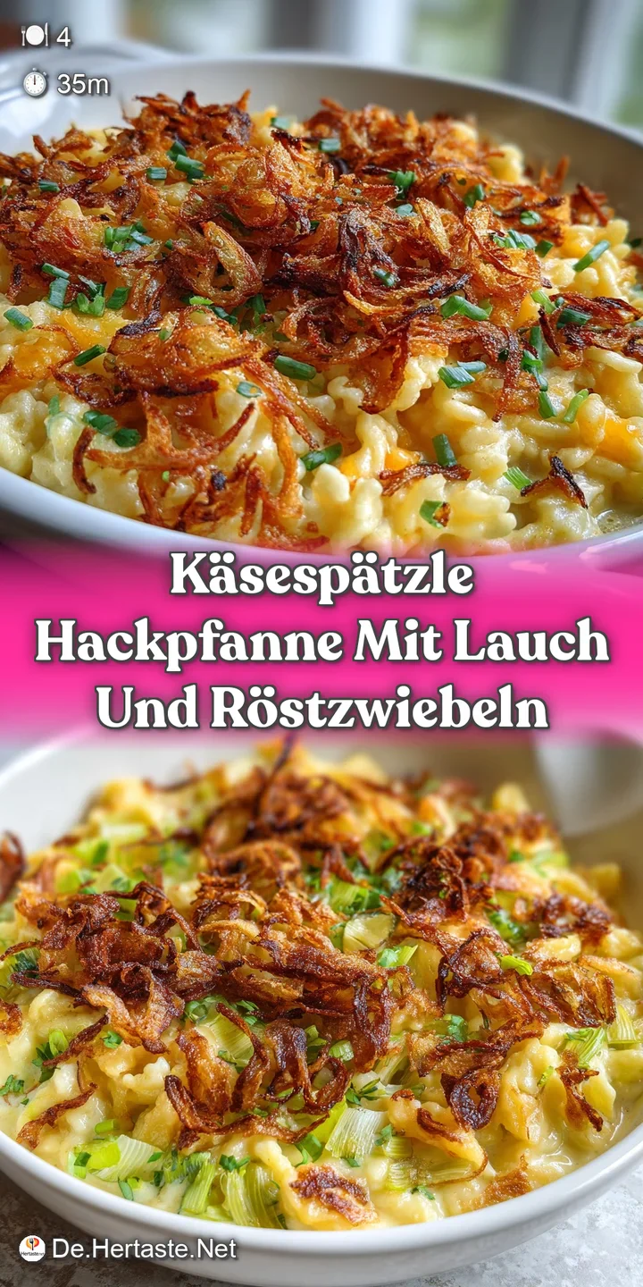 Close-up of steaming spaetzle with melted cheese, savory ground meat, and crisp, golden fried onion topping.