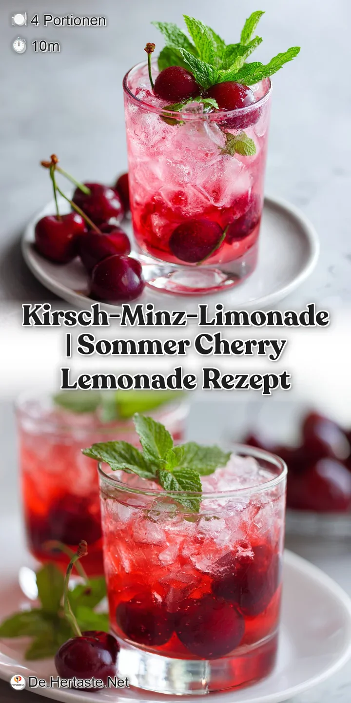 Close-up of a condensation-covered glass of pink lemonade, showcasing floating red cherry halves and mint.