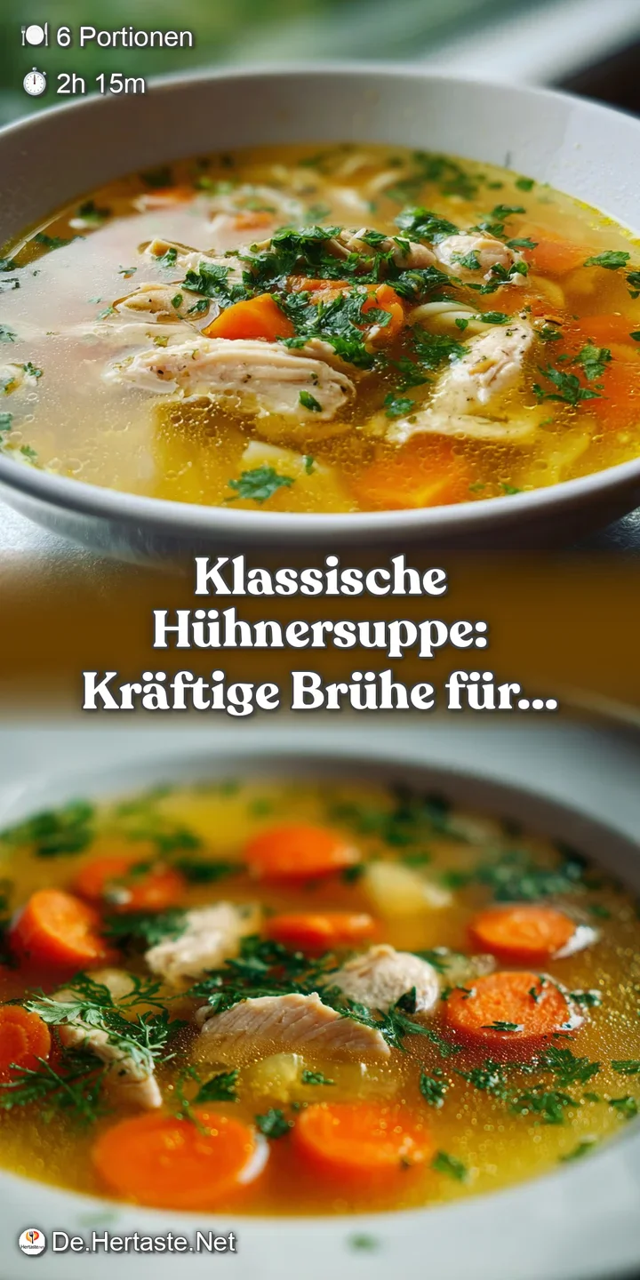 Close-up of flavorful chicken soup, showcasing tender chicken pieces and colorful vegetables in a clear, golden broth. Ste...