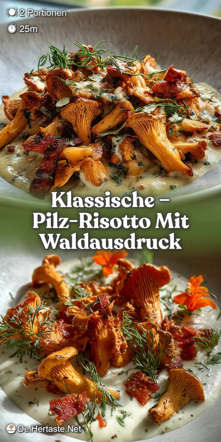 Close-up of earthy chanterelle mushrooms nestled in a bed of creamy risotto; steam rises, hinting at warmth and rich savor...