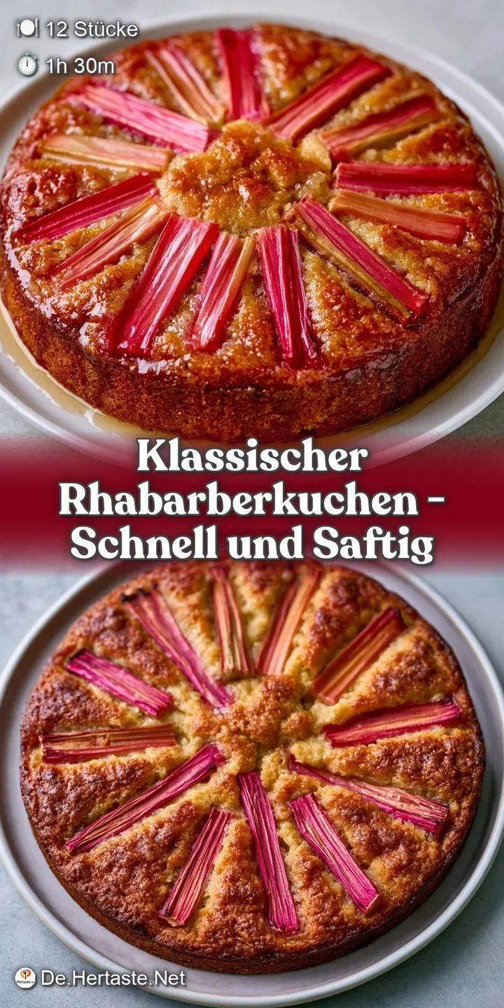 Detailaufnahme von gl&auml;nzenden, roten Rhabarberst&uuml;cken in einem weichen, goldbraunen Teig mit knusprigen Streuseln.