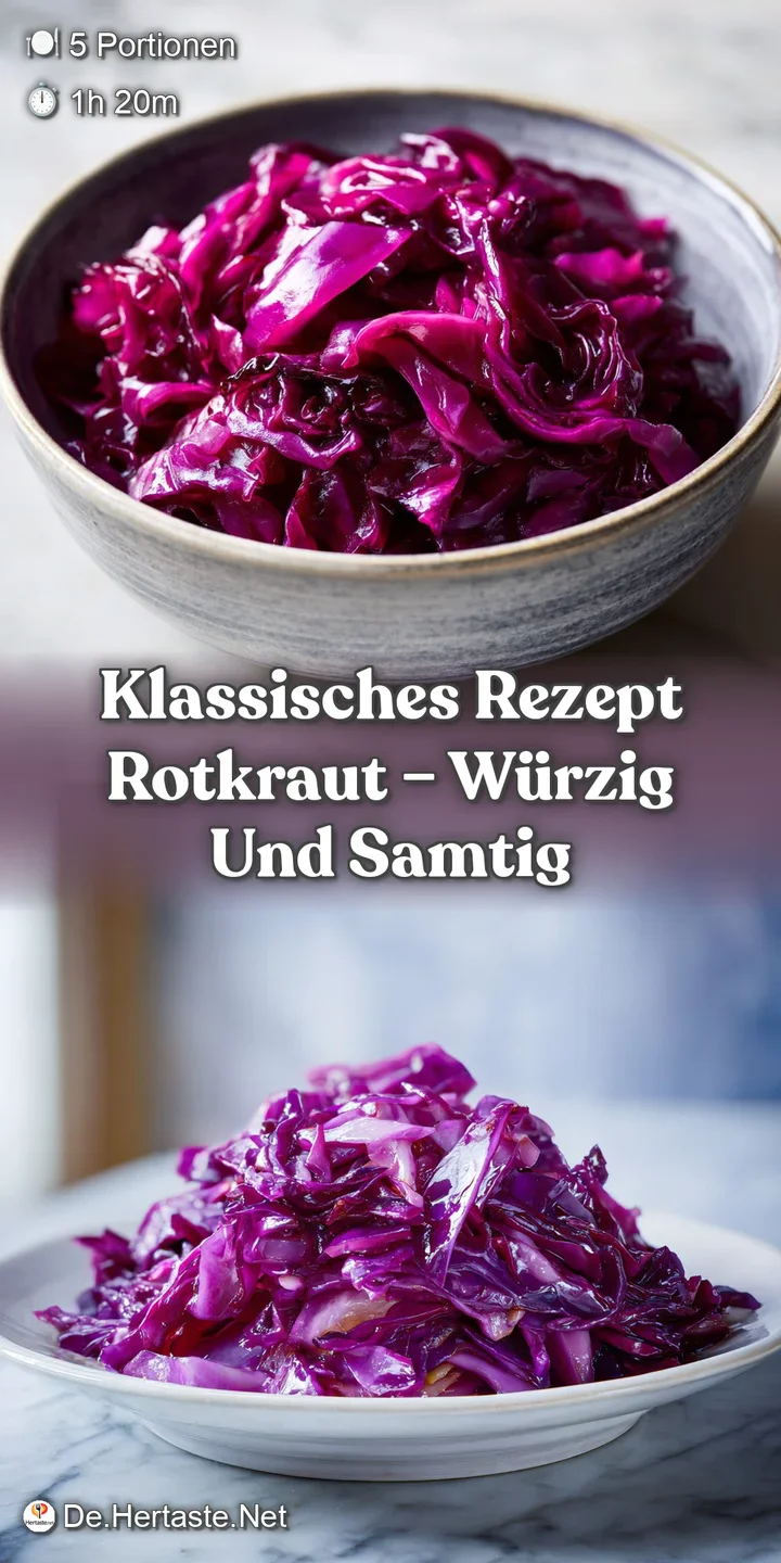 Close-up captures the tender texture of the braised red cabbage, its deep crimson color hinting at its sweet and tangy fla...