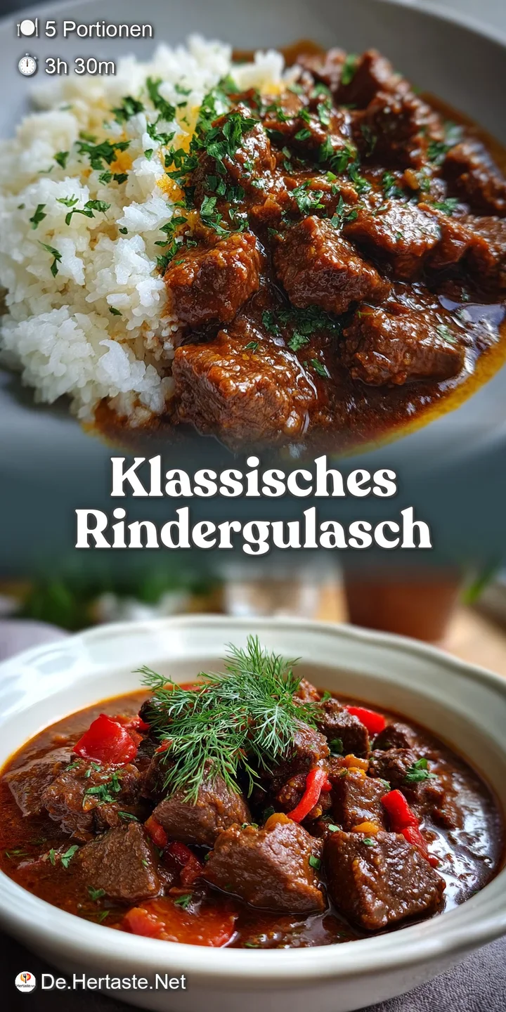 Close-up of tender beef chunks in a deep, flavorful goulash. Notice the velvety sauce and flecks of aromatic herbs.