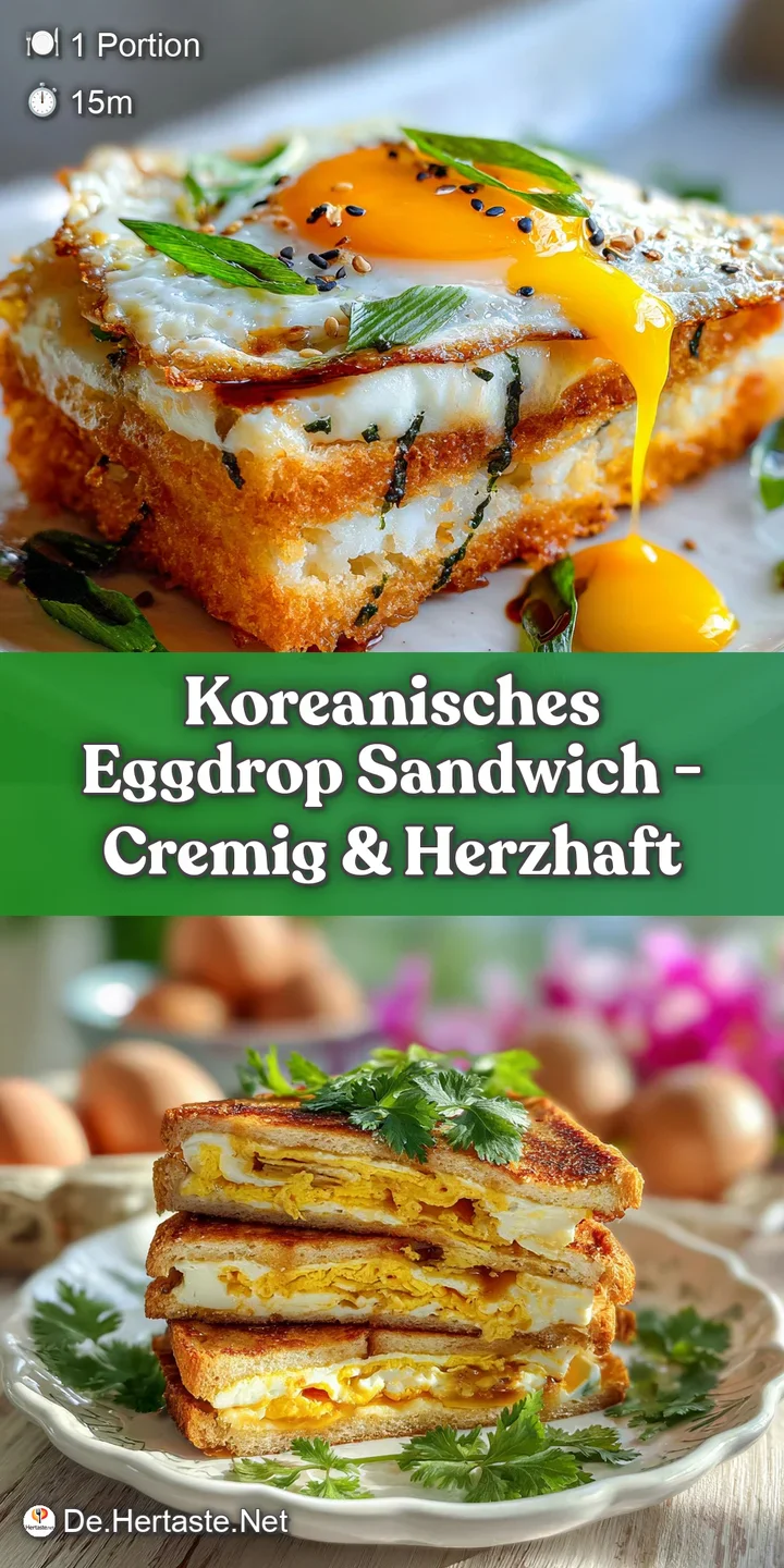 Close-up of a Korean egg drop sandwich, showcasing layers of soft egg, melted cheese, and a glistening sauce oozing from t...