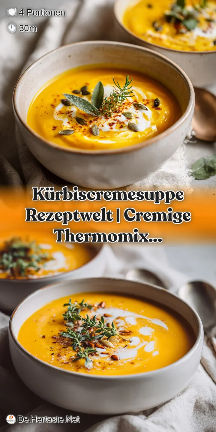 Close-up of velvety smooth, bright orange pumpkin soup, glistening with a swirl of rich cream and topped with crunchy seeds.