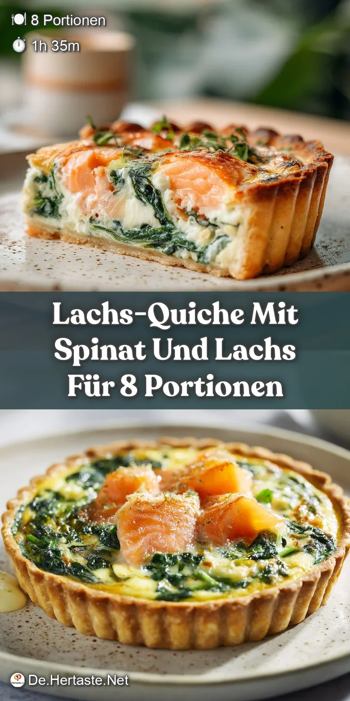 Close-up of a slice of salmon quiche. Flaky golden crust, visible layers of spinach and salmon create an appetizing look.