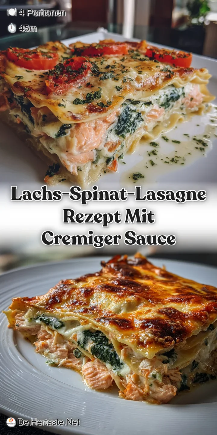 Close-up view of creamy salmon lasagna layers with vibrant green spinach. Hints of melted cheese and a slight steam sugges...