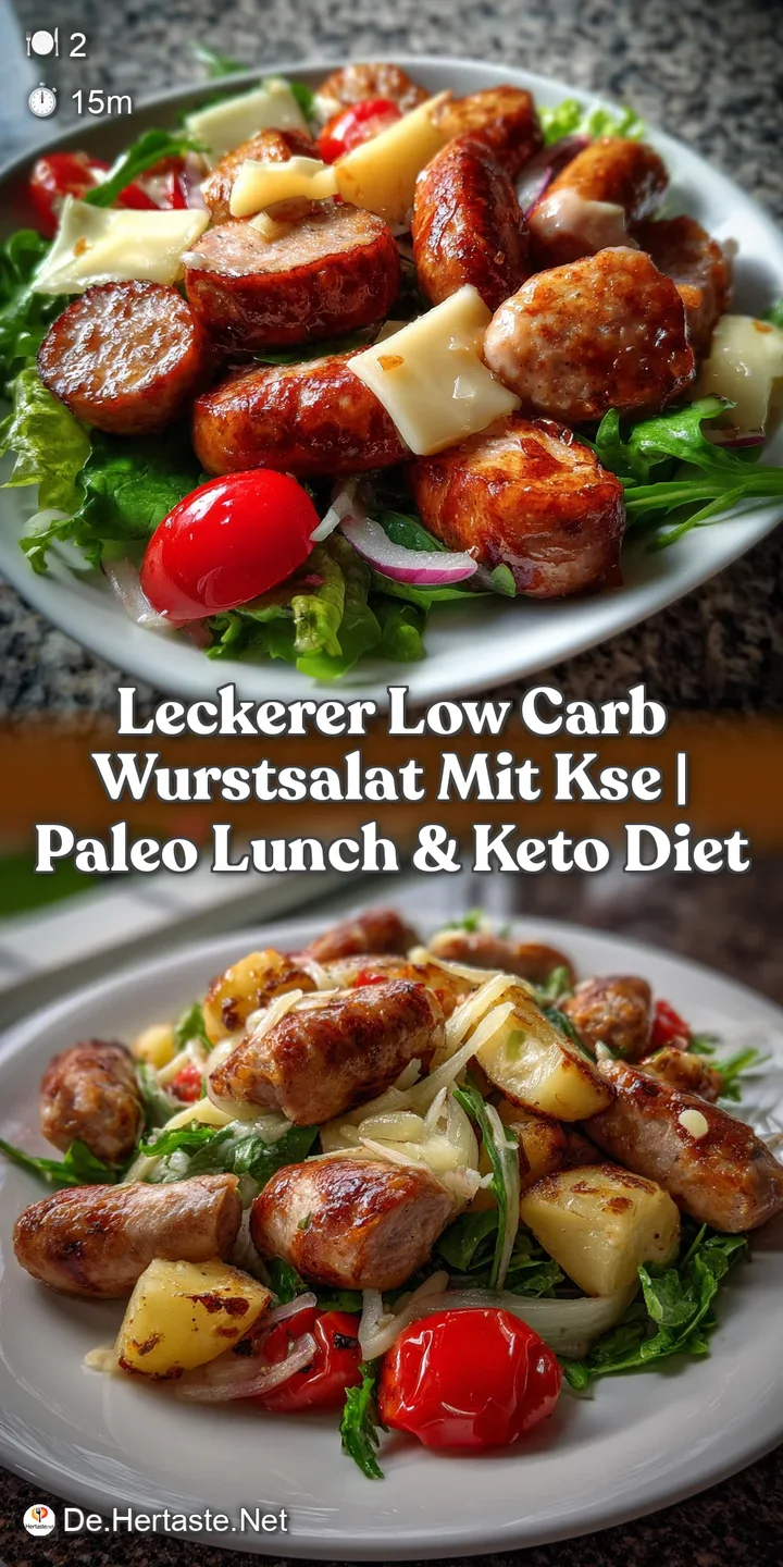 Vibrant, colorful sausage salad with glistening dressing. Cubed cheese, sausage and pickles, a cool, refreshing summer dish.