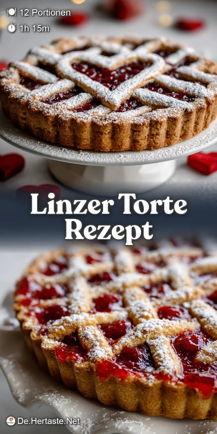 Close-up of Linzer torte: Crimson jam filling with a glossy sheen nestled beneath golden-brown, almond-studded lattice pas...