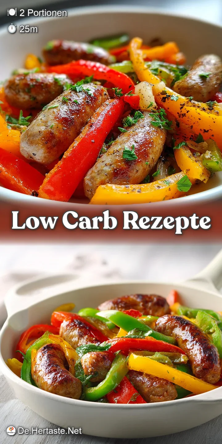 Close-up shows juicy sausage with browned edges nestled amongst colorful bell peppers. A tempting view of a flavorful, low...
