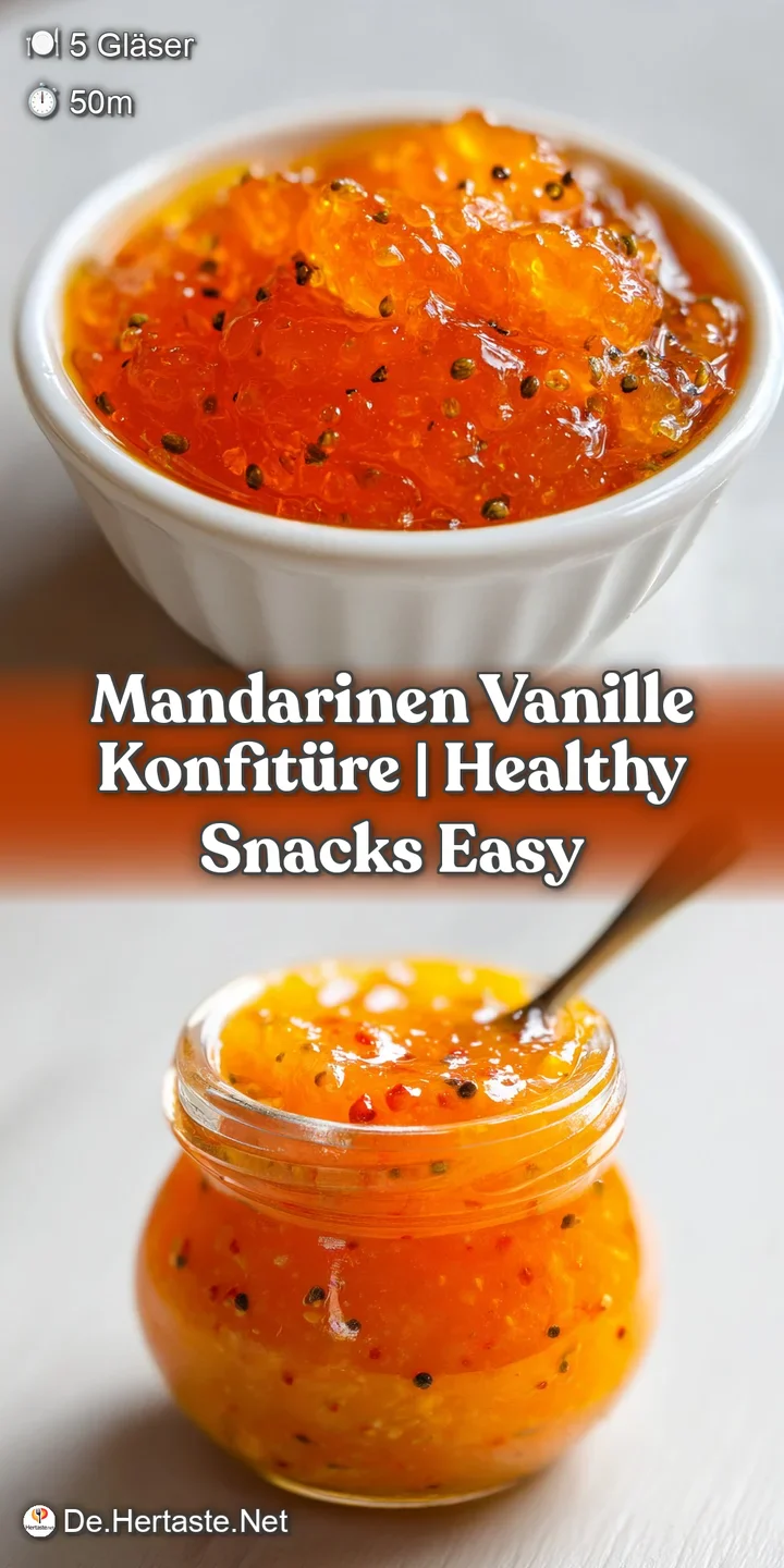 Nahaufnahme der gl&auml;nzenden, orangefarbenen Marmelade, in der feine schwarze Vanillep&uuml;nktchen und Fruchtfleisch sichtbar sind.