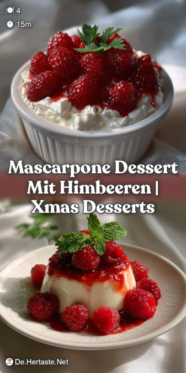 Close-up of creamy white mascarpone with a rich, velvety texture, contrasting with juicy, ruby-red raspberries.