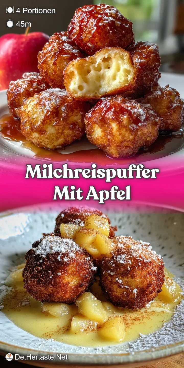 A close-up of a crispy, golden rice fritter showing its textured surface, alongside a glistening slice of caramelized apple.