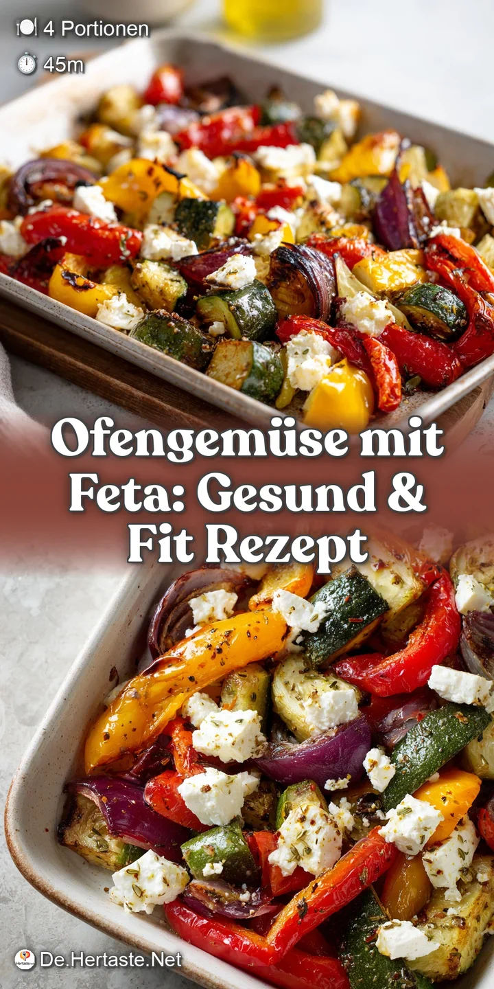 Close-up: golden roasted vegetables, melted feta with browned edges, a drizzle of olive oil, bursting with color and rusti...