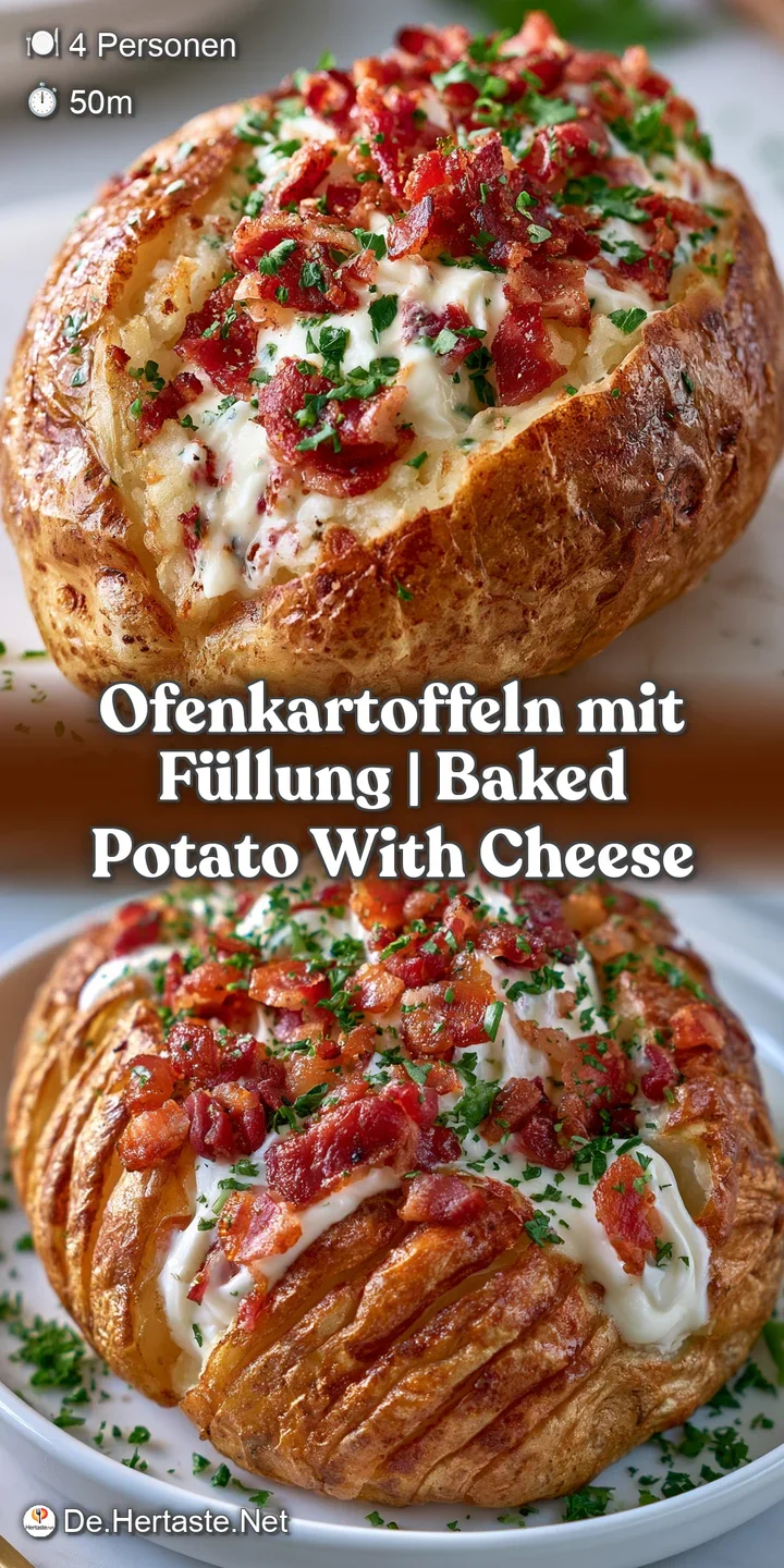 Nahaufnahme einer goldgelben, knusprigen Kartoffelschale mit schmelzendem K&auml;se und einer weichen, dampfenden F&uuml;llung.