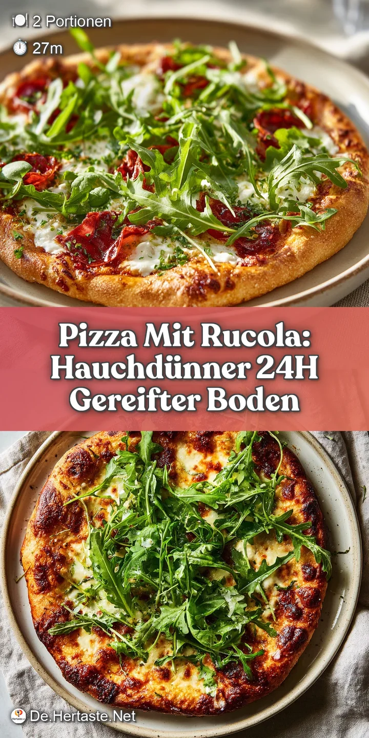 Close-up showcases the pizza's freshness. Arugula leaves glisten atop melted mozzarella, highlighting the pizza's simple, ...