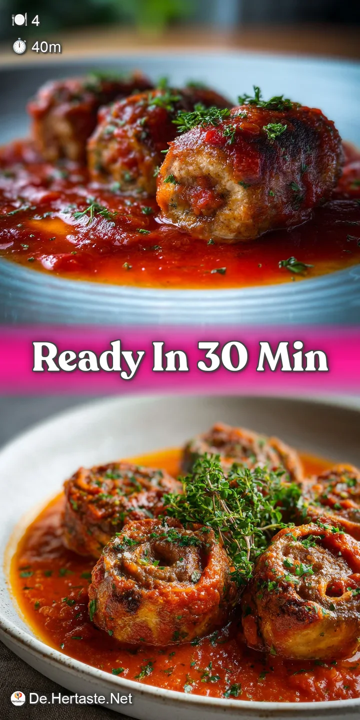 Close-up of juicy meat rolls simmering in thick, vibrant tomato sauce. The surface is slightly textured with tiny herbs. D...