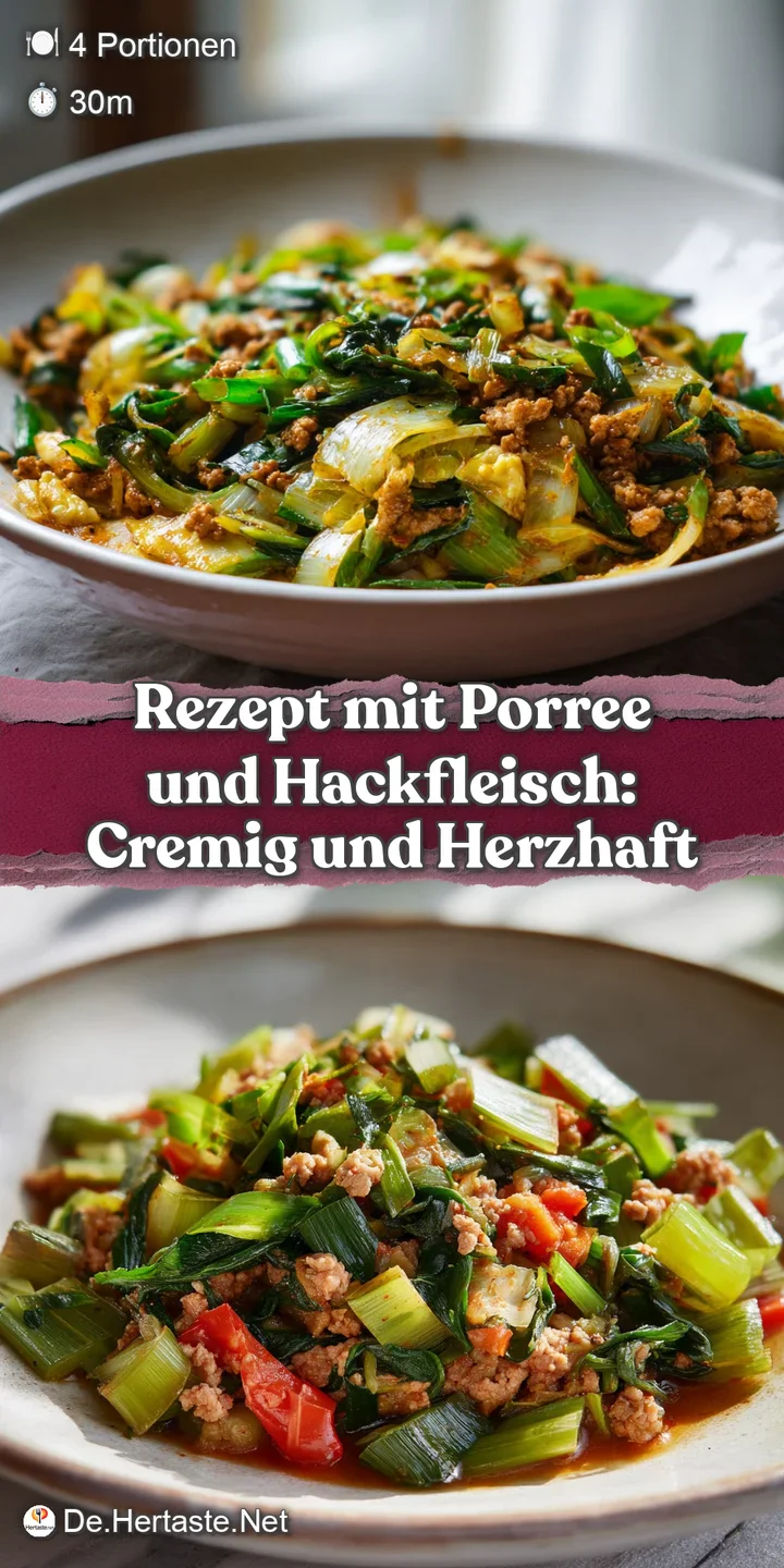 Close-up of a creamy, comforting ground meat and leek dish with hints of browned crust and bright green leek pieces peekin...