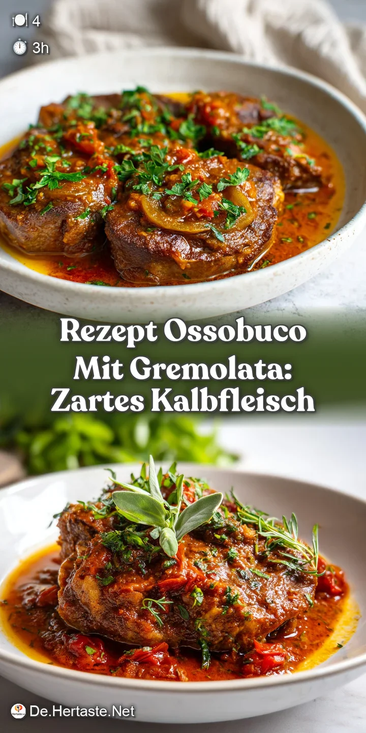 Close-up capturing the moist, tender texture of Ossobuco, with flecks of parsley & lemon zest. The marrow is visible, glis...