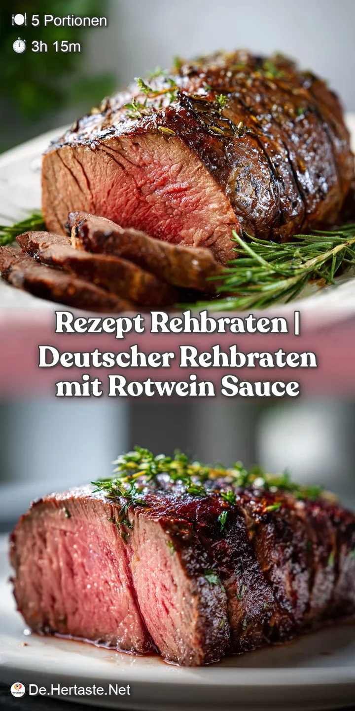 Appetizing close-up reveals moist, fork-tender venison roast, glistening with rich, dark sauce and hints of herbs.