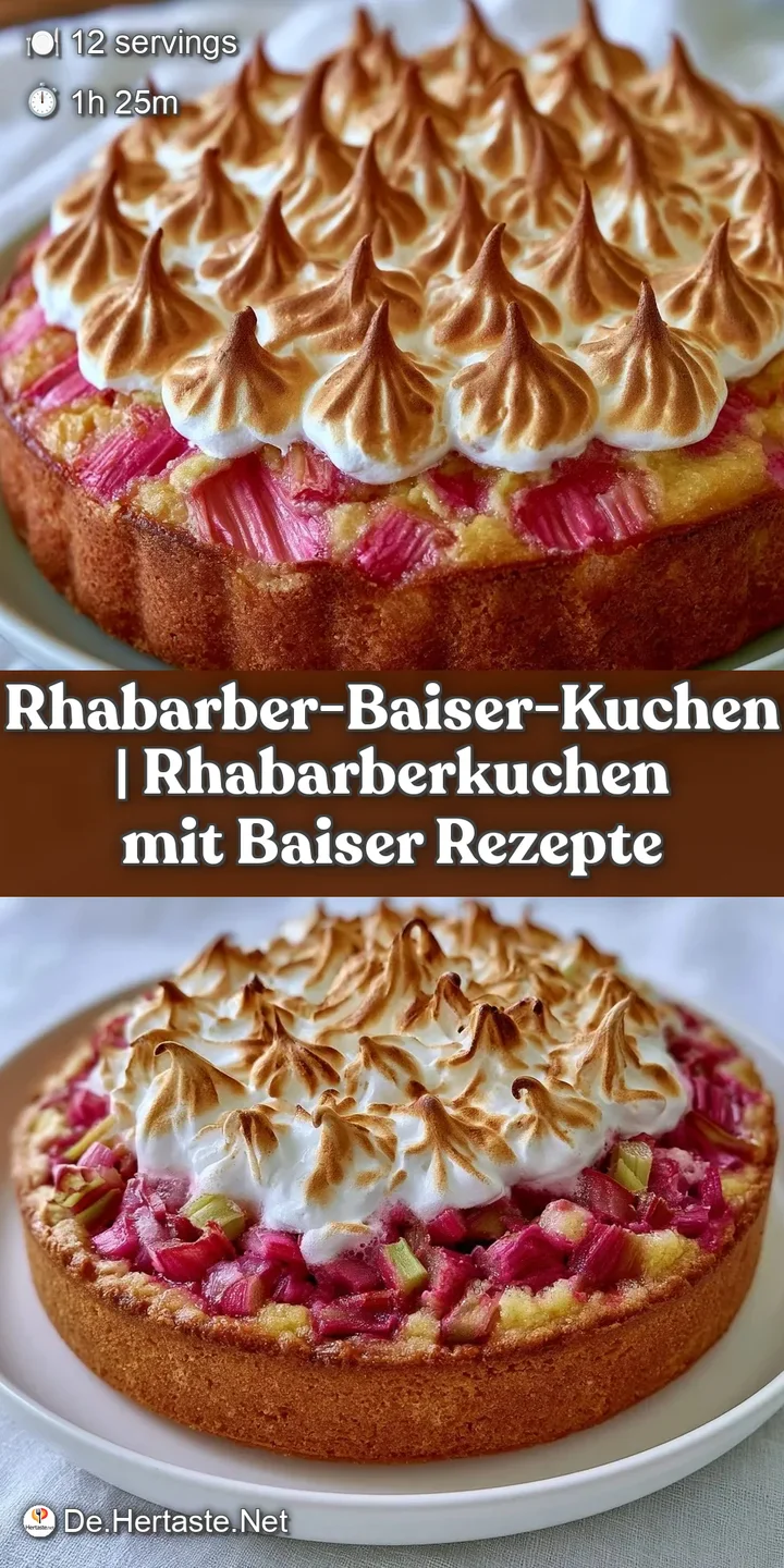 Detailansicht von gl&auml;nzenden, roten Rhabarberst&uuml;cken unter einer luftigen, goldbraun gratinierten Baiserschicht.
