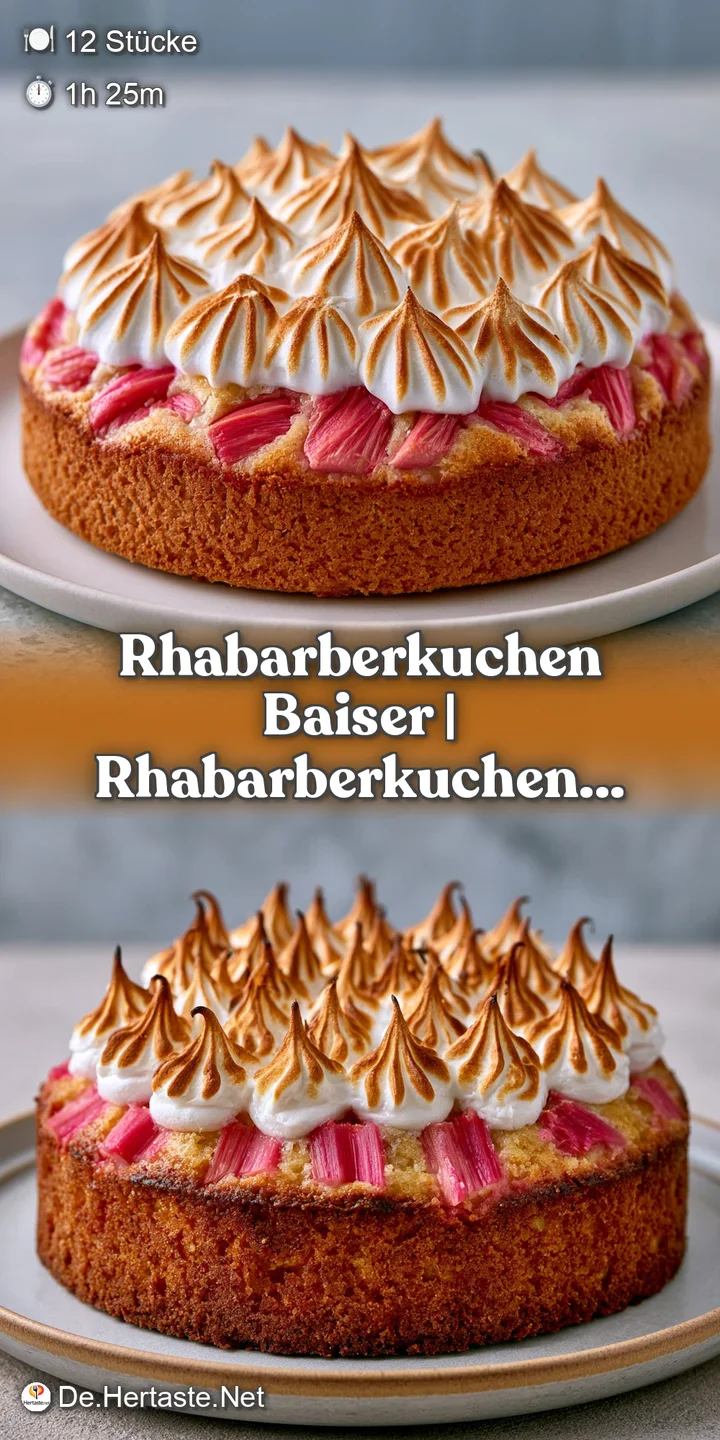 Detailaufnahme von saftigen, rosa Rhabarberst&uuml;cken unter einer knusprigen, goldbraunen Baiserschicht mit feiner Struktur.
