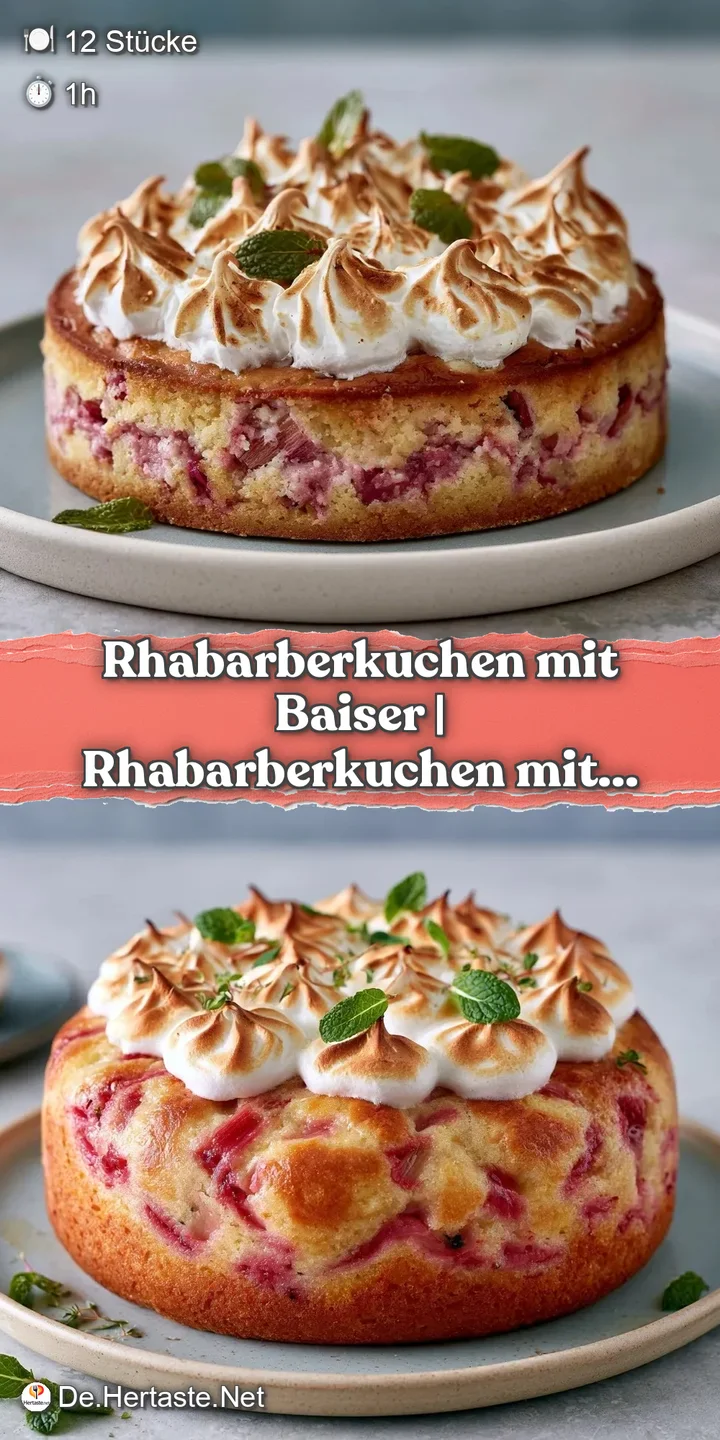 Nahaufnahme von gl&auml;nzenden, rubinroten Rhabarberst&uuml;cken neben fluffigen, wei&szlig;-goldenen Baiser-H&auml;upchen.