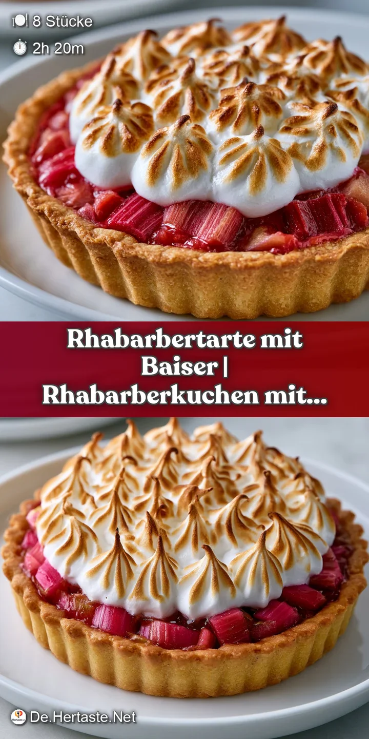 Nahaufnahme von knusprig gebr&auml;unten Baiserspitzen auf saftigen, rosafarbenen Rhabarberst&uuml;cken in M&uuml;rbeteig.
