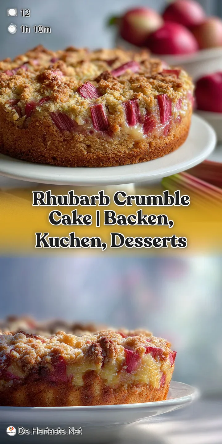 Close-up reveals the soft, moist texture of rhubarb cake beneath a generous layer of cinnamon crumble, promising a sweet, ...