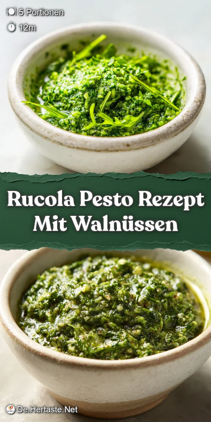 Lush green rucola pesto clinging to twisted pasta. Toasted walnuts and olive oil glisten invitingly in this close-up view.