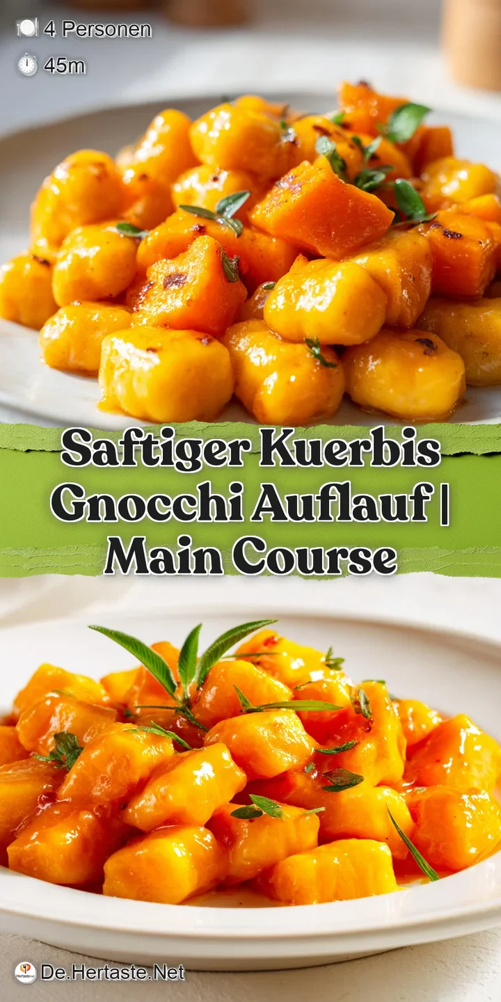 Nahaufnahme von weichen Gnocchi in einer s&auml;migen, orangefarbenen K&uuml;rbissauce mit knusprigen, goldgelben K&auml;seakzenten.
