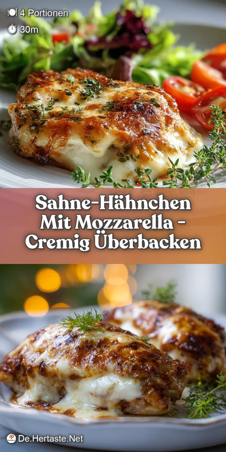 Close-up shows bubbly, golden mozzarella melting over juicy chicken in rich, creamy sauce. Sprinkled with fresh herbs.