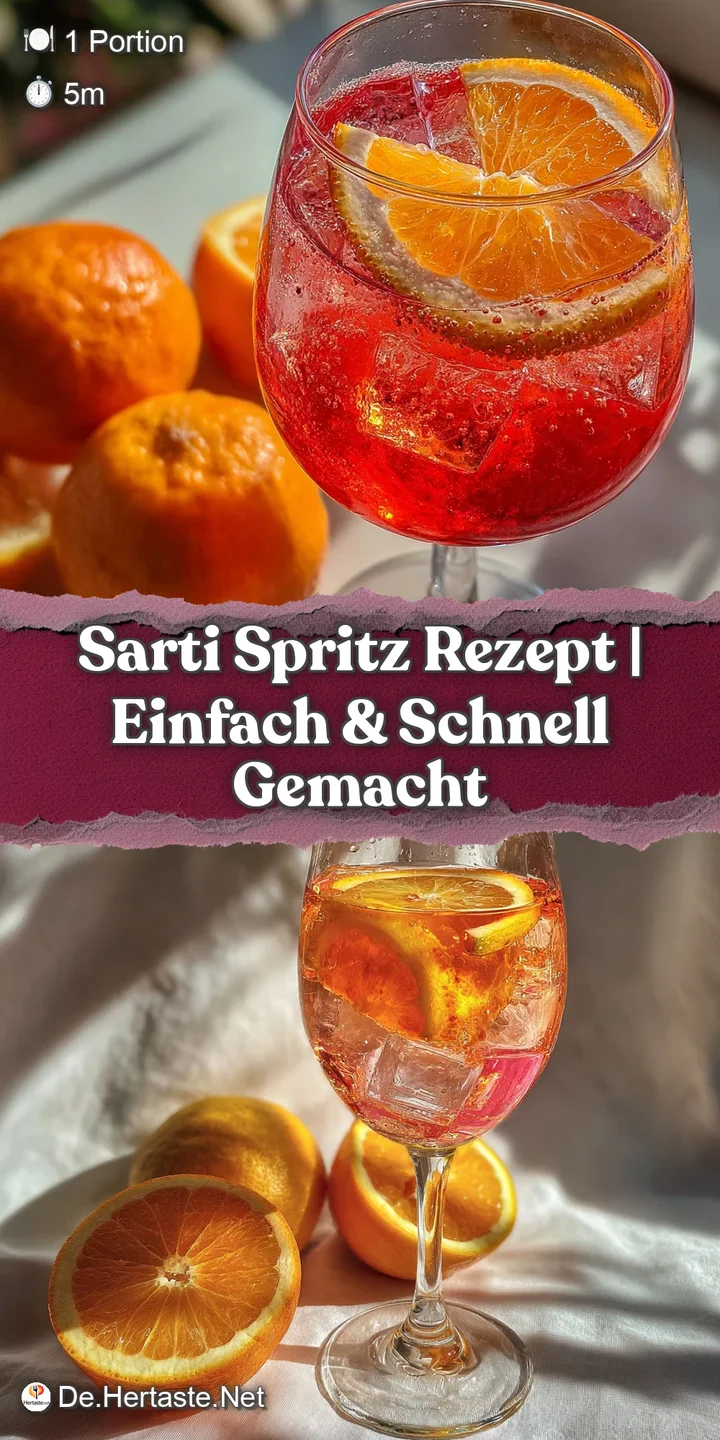 Close-up of a chilled Sarti spritz, showcasing the drink's bright color, condensation on the glass, and vibrant orange gar...