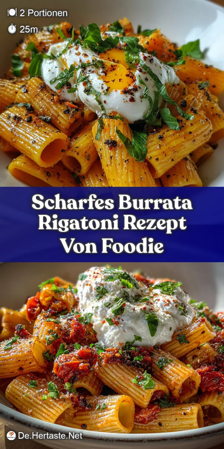 Close-up of rigatoni coated in a spicy, deep-red sauce, featuring a burst of fresh burrata, glossy, and tempting to eat.