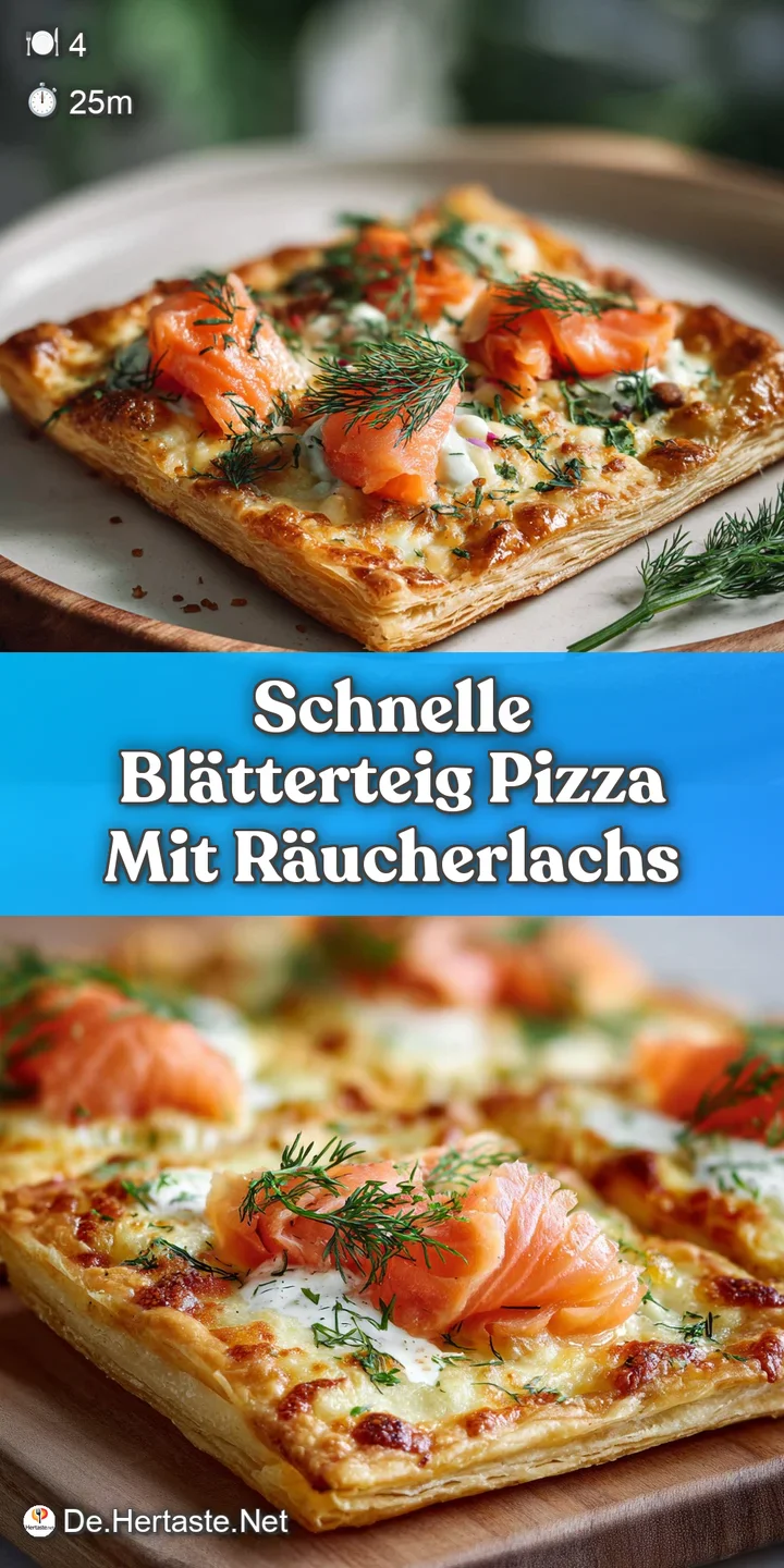 Close-up of a puff pastry pizza with creamy sauce and smoked salmon. Irresistible flaky crust and fresh herb garnish. Deli...