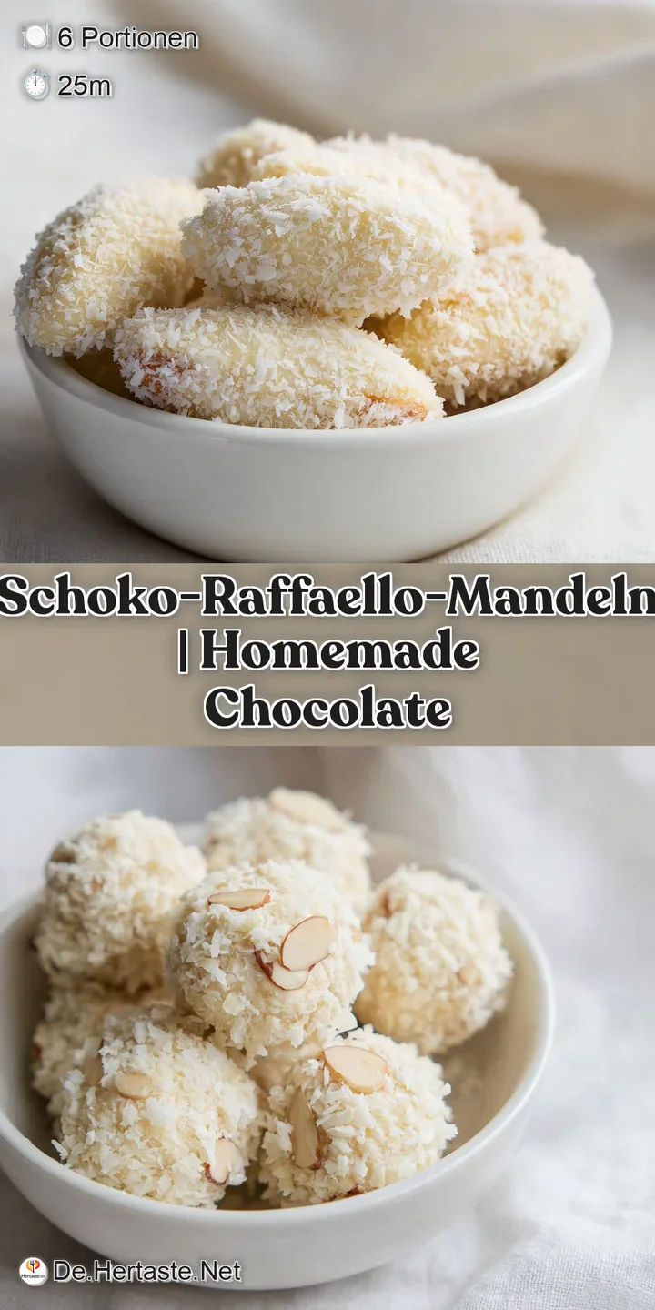 Nahaufnahme einer wei&szlig;en Kokos-Kugel, die im Anschnitt eine ganze Mandel zeigt, umgeben von feinen Kokosraspeln.