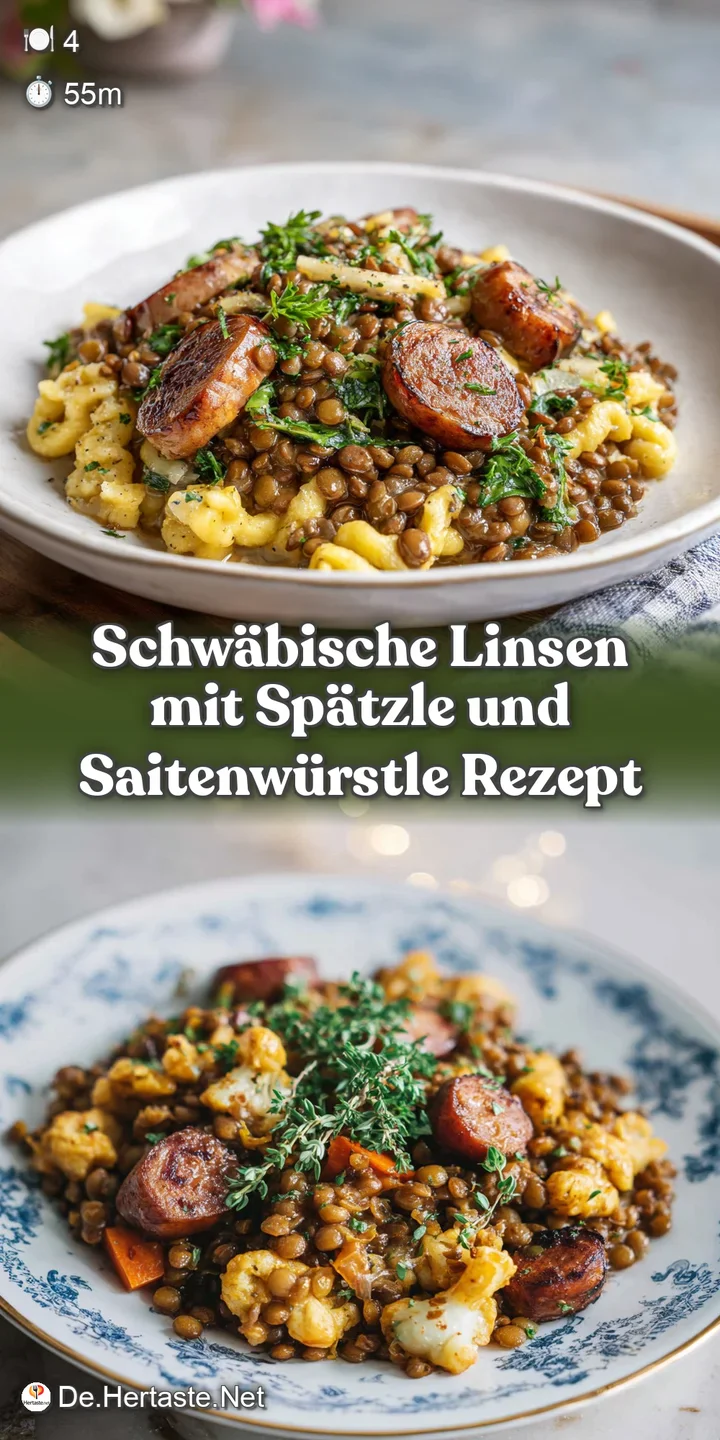 Close-up of tender lentils glistening with savory sauce, nestling next to soft sp&auml;tzle and juicy sausage. A delectable, ho...