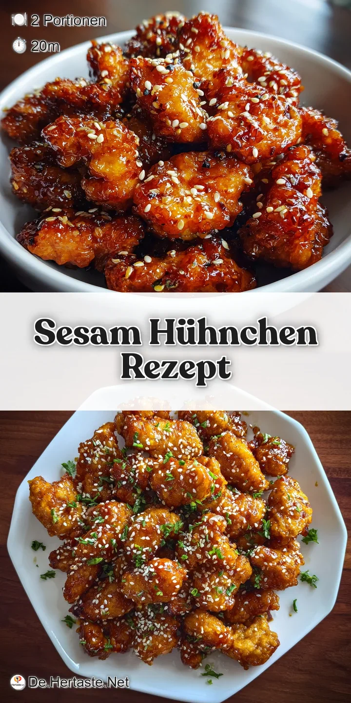 Close-up of sticky, glistening sesame chicken chunks, showcasing the crispy texture and glistening honey coating, ready to...