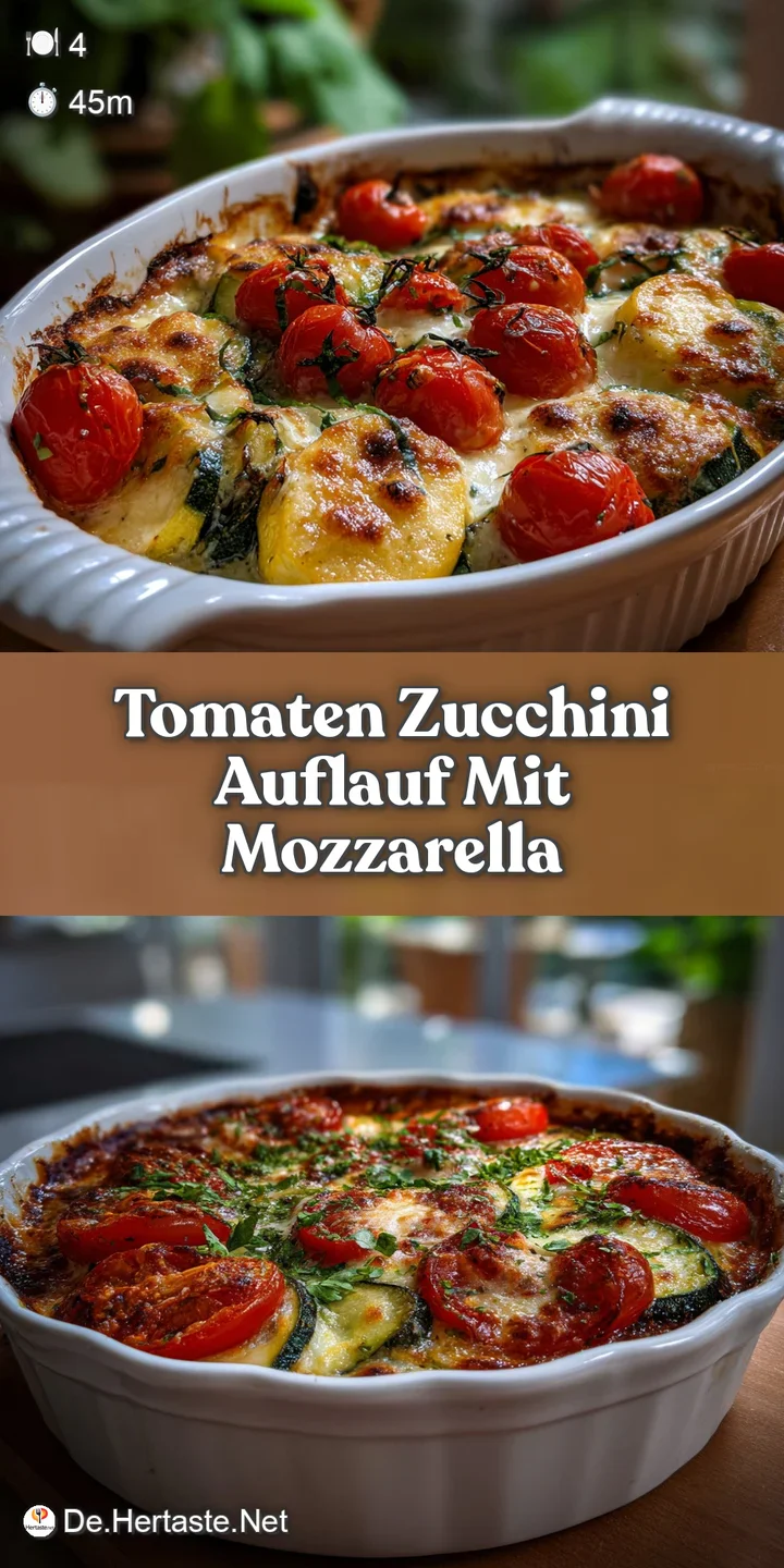 Close-up of a tomato zucchini bake showing melted cheese, vibrant vegetables, and a rich, bubbling tomato sauce. Fresh bas...