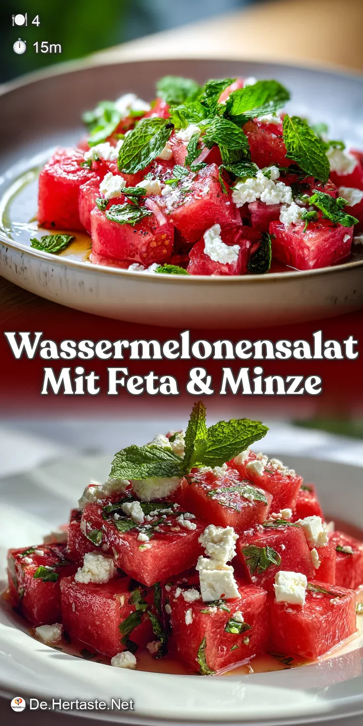Close-up of refreshing watermelon salad: juicy watermelon chunks, salty feta, cool mint, drizzled with a glossy, light vin...