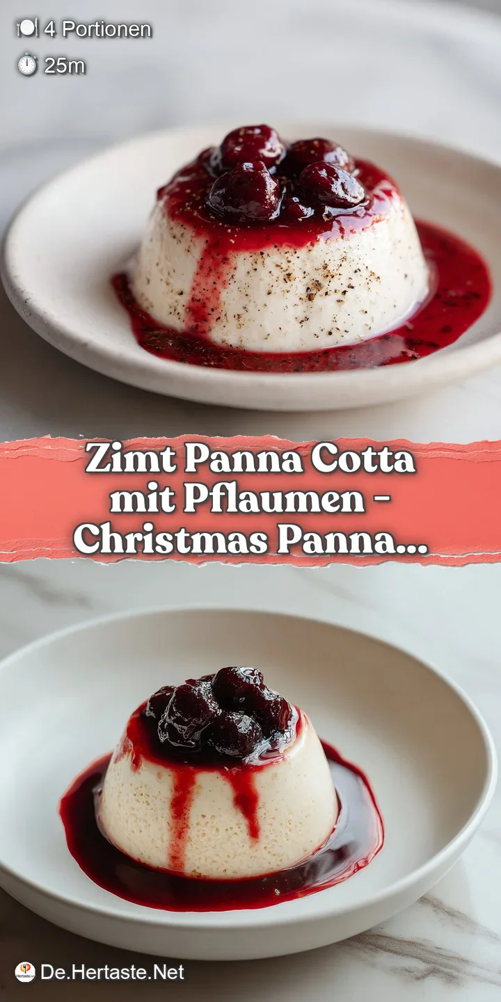 Close-up of creamy panna cotta with a vibrant swirl of dark plum sauce and a hint of cinnamon spice