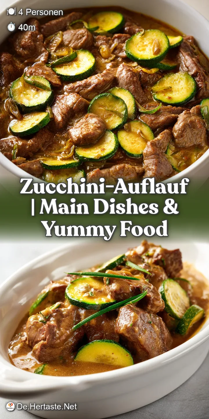 Detailaufnahme von blubberndem K&auml;se, zarten gr&uuml;nen Zucchini und braunem Hackfleisch in einer rustikalen Form.