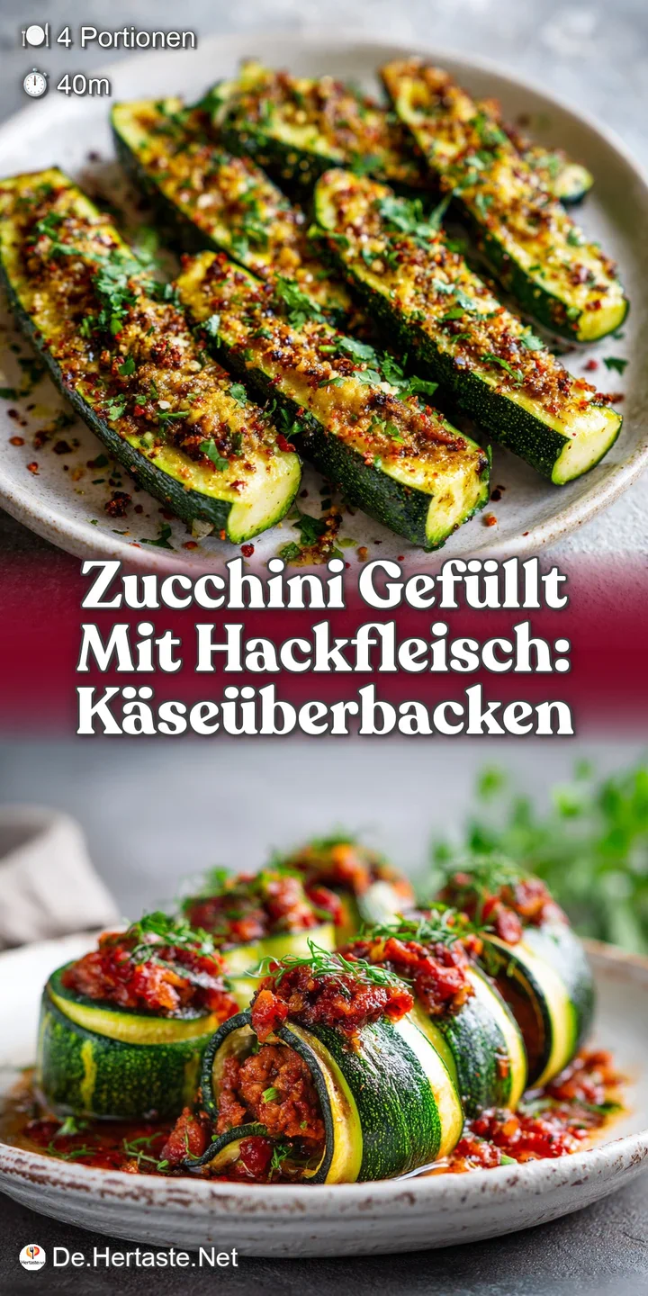 Close-up of a zucchini filled with seasoned ground meat, the surface glistening with melted cheese and flecks of fresh herbs.