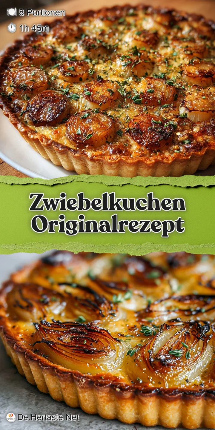 Close-up: caramelized onions and bits of bacon stud a golden Zwiebelkuchen. Crust is flaky and browned, promising a savory...